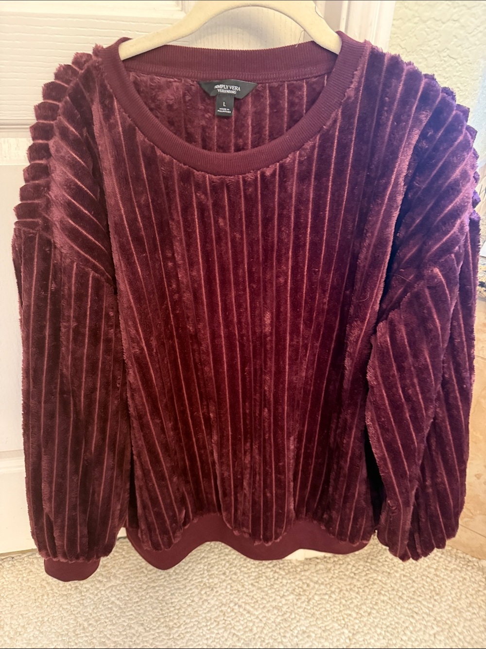 Simply Vera Vera Wang Ribbed Plush Crewneck Sweater - Burgundy